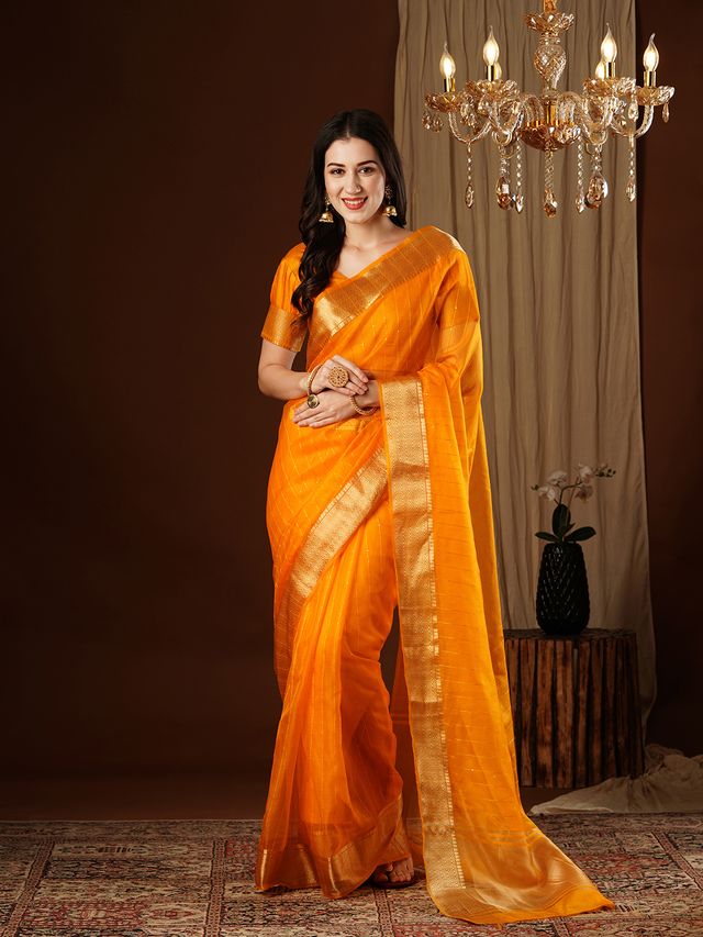Mustard Color Girlie Organza Fabric Woven Jacquard Designer Saree