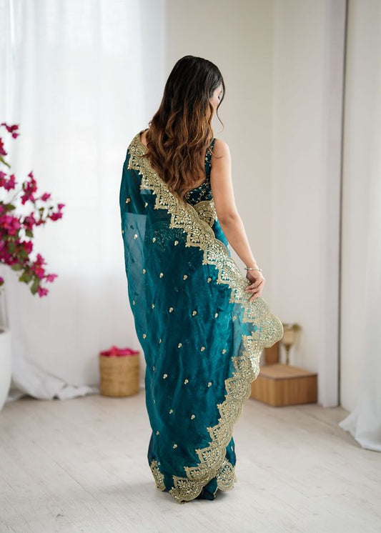 Rama Color Fendy Chiffon Fabric Beautiful Embroidered Saree