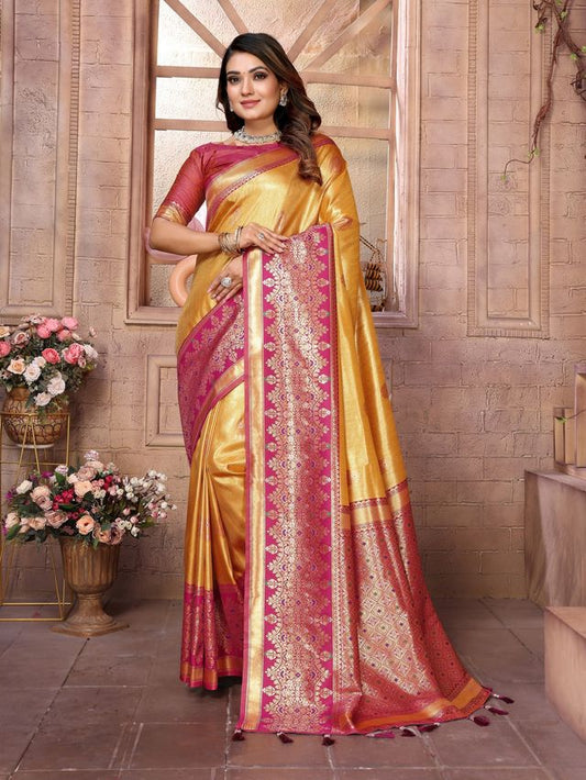 Yellow Color Banarasi Tissue Silk Ethnic Jacquard Weving Designer Ceremonial Saree