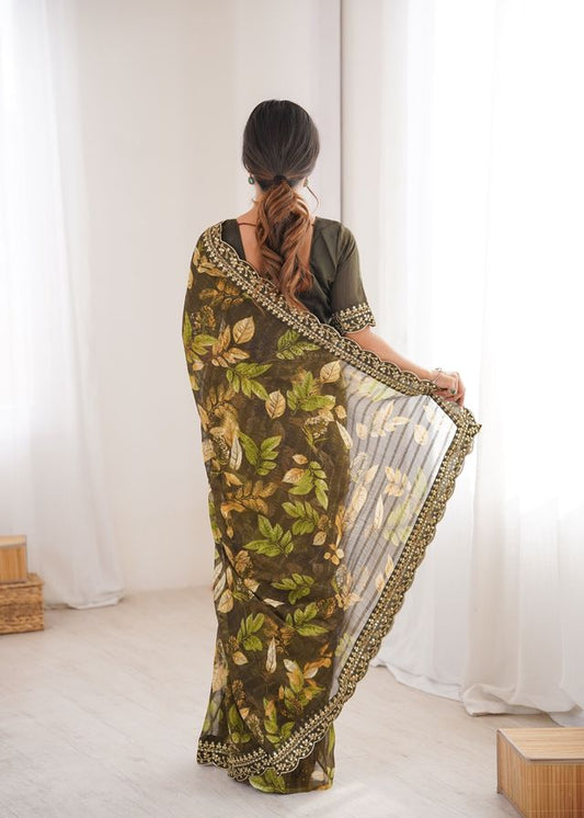Mahendi Color Marble Patta Fabric Stylish Festive Special Saree
