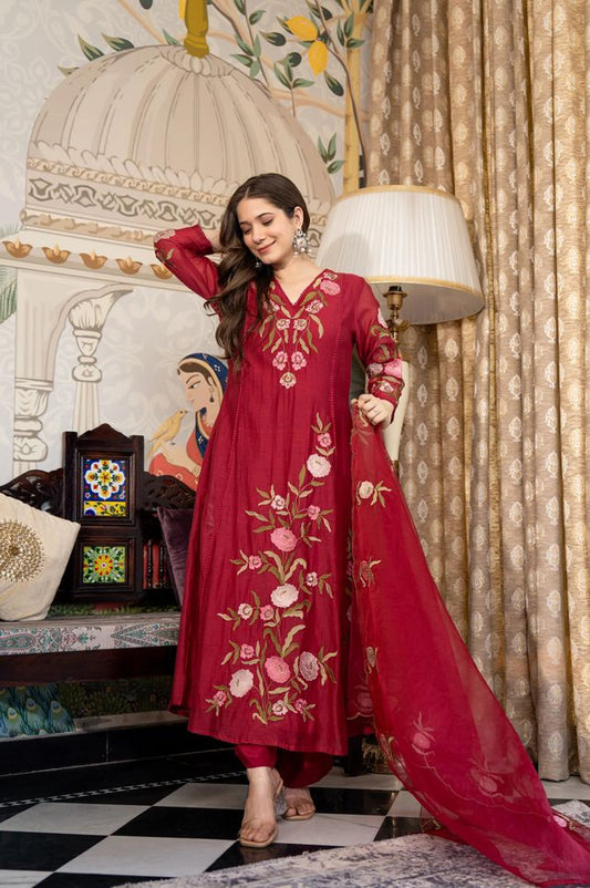 Maroon Color Beautiful Readymade Dress On Muslin Fabric For Graceful Girlie Looks