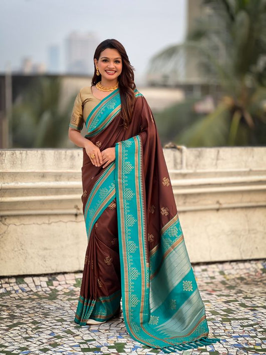 Coffee Color Soft Silk Woven Designer Saree For Ceremonial Looks