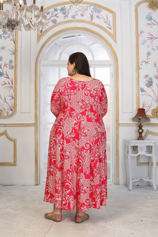 Pink Color Rayon Fabric Designer Printed Plus Size Kurta For Girls