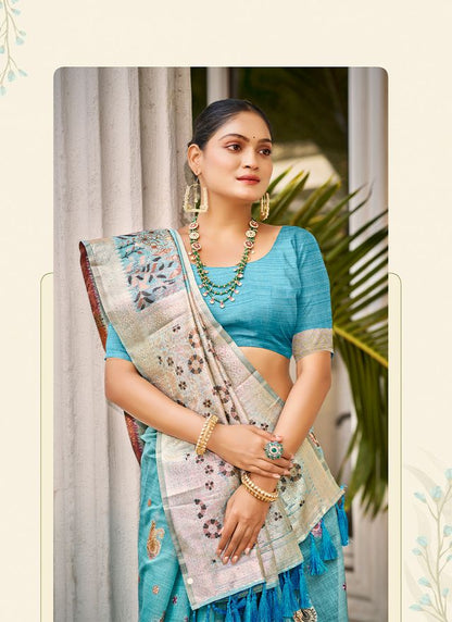 Blue Color Cotton Silk Fabric Woven Meenakari Designer Saree