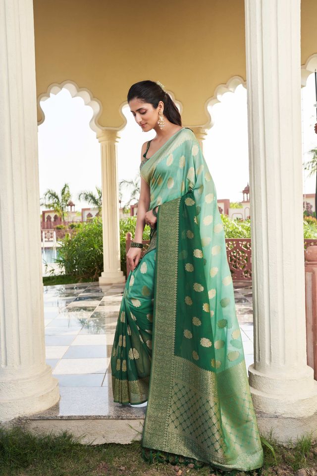 Green Color Georgette Fabric Heavy Wevon Designer Work Graceful Saree