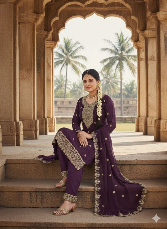 Purple Color Georgette Fabric Beautiful Embroidered Salwar Kameez
