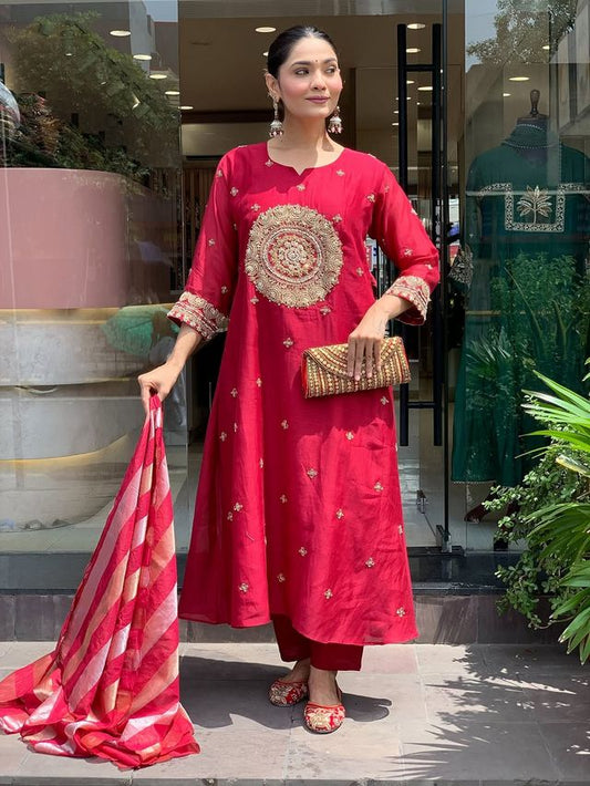 Red Color Silk Blend Fabric Designer Partywear Salwar Kameez