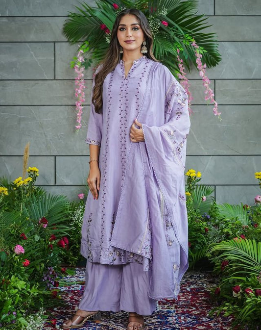 Lavender Color Muslin Cotton Fabric Ceremonial Readymade Kurta Set with Dupatta