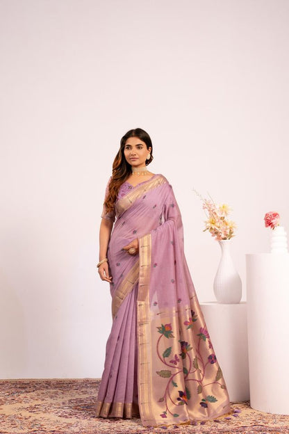 Purple Color Muga Cotton Fabric Paithani Weaving Designer Partywear Saree