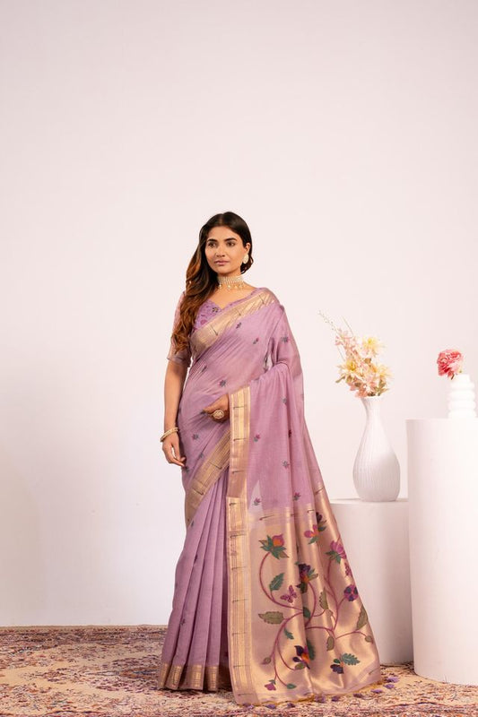 Purple Color Muga Cotton Fabric Paithani Weaving Designer Partywear Saree