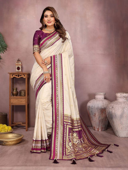 Off White Color Handloom Silk Fabric Jacquard Weaving Designer Partywear Saree