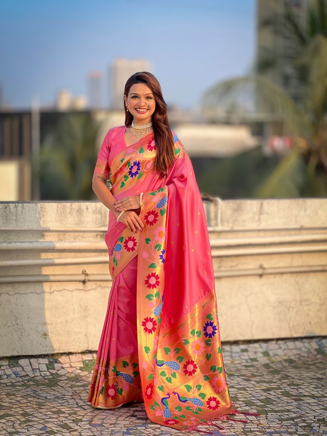 Baby Pink Color Paithani Silk Fabric Woven Designer Partywear Saree