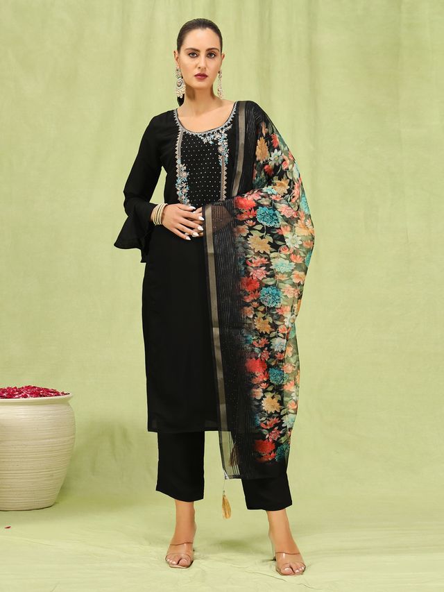 Black Color Viscose Roman Silk Fabric Designer Embroidery Work Sophisticated Girlie Salwar Kameez