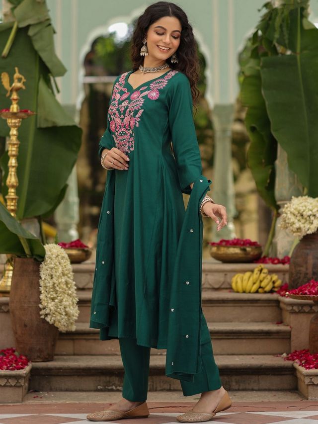 Green Color Viscose Rayon Fabric Beautiful Partywear Dress For Girls