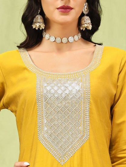 Yellow Color Viscose Roman Silk Fabric Designer Embroidery Work Sophisticated Girlie Salwar Kameez