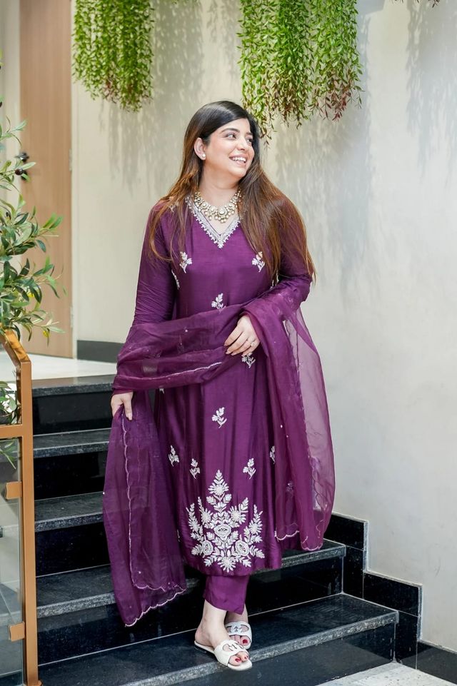 Wine Color Beautiful Readymade Dress On Muslin Fabric For Graceful Girlie Looks