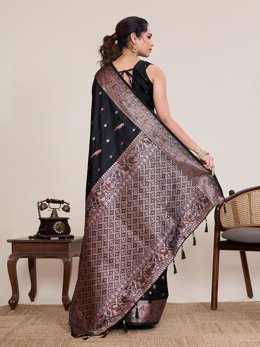 Black Color Designer Woven Work Graceful Partywear Saree