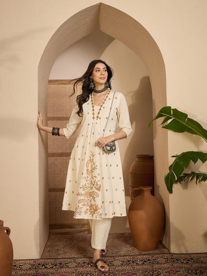 Beige Color Graceful Khadi Silk Fabric Designer Embroidery Work Top Bottom Set 4175