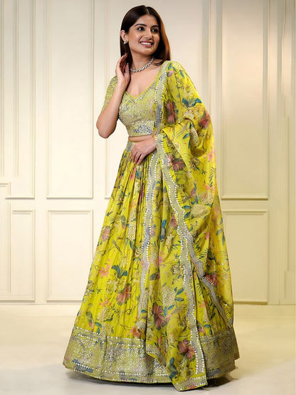Yellow Color Organza Fabric Designer Bollywood Looks Lehenga Choli