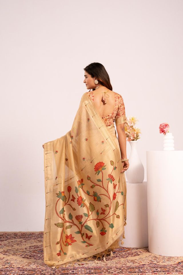 Chiku Color Muga Cotton Fabric Paithani Weaving Designer Partywear Saree