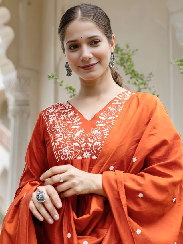 Rust Color Viscose Blend Fabric Designer Embroidery Work Graceful Partywear Suit