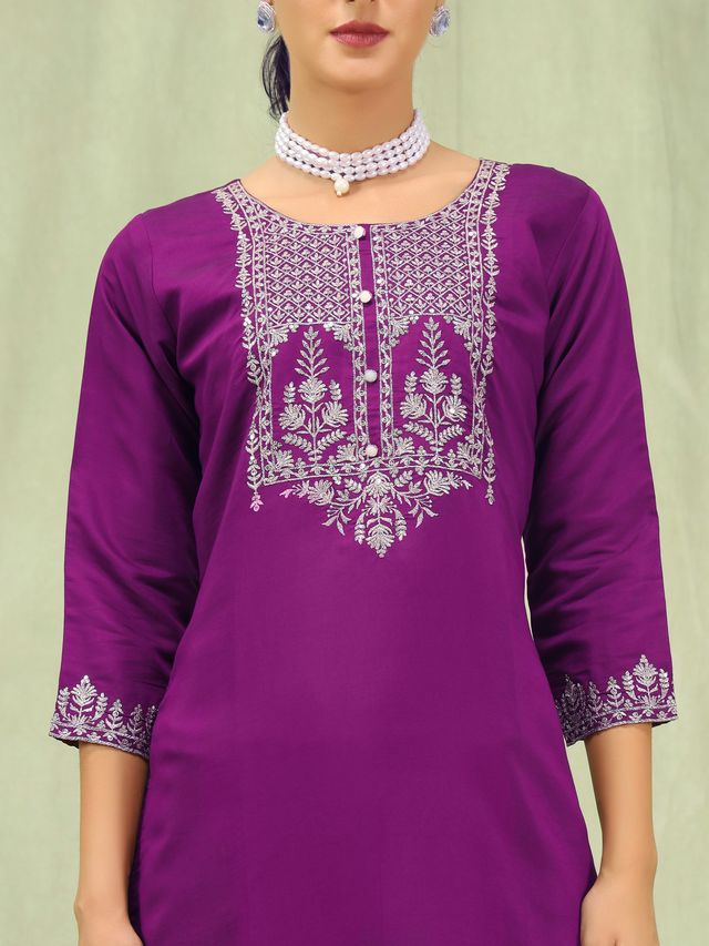 Purple Color Viscose Roman Silk Fabric Designer Embroidered Suit