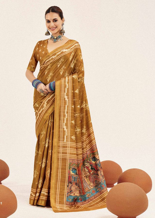 Mustard Color Cotton Silk Fabric Designer Digital Printed Saree