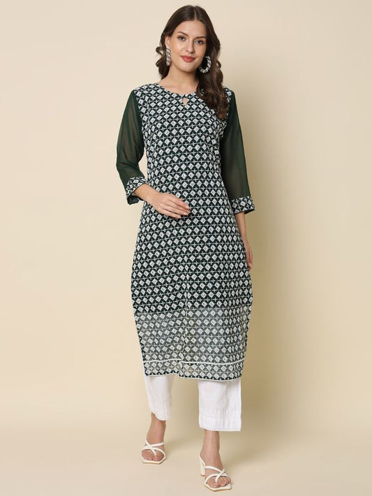 Green Color Georgette Fabric Chikankari Work Formal Kurta For Girls