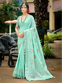 Sky Blue Color Linen Fabric Woven Designer Saree With Floral Embroidered Work