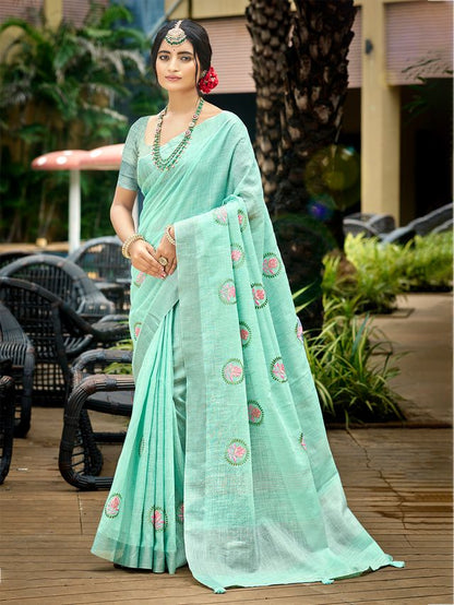 Sky Blue Color Linen Fabric Woven Designer Saree With Floral Embroidered Work