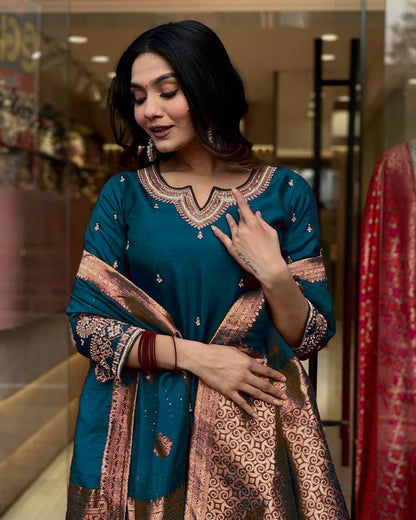 Teal Color Designer Embroidered Ethnic Partywear Suit