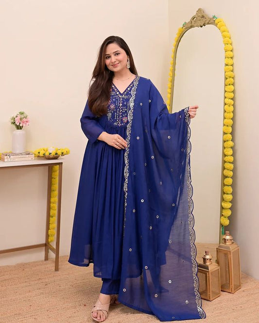 BlueColor Chanderi Silk Fabric Designer Embroiderd Stitched Suit