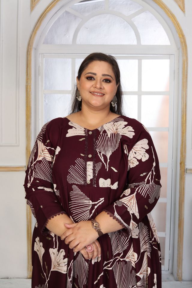 Wine Color Rayon Fabric Designer Printed Plus Size Kurta For Girls