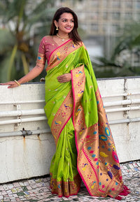 Parrot Green Color Soft Silk Fabric Woven Meenakari Designer Ethnic Partywear Saree