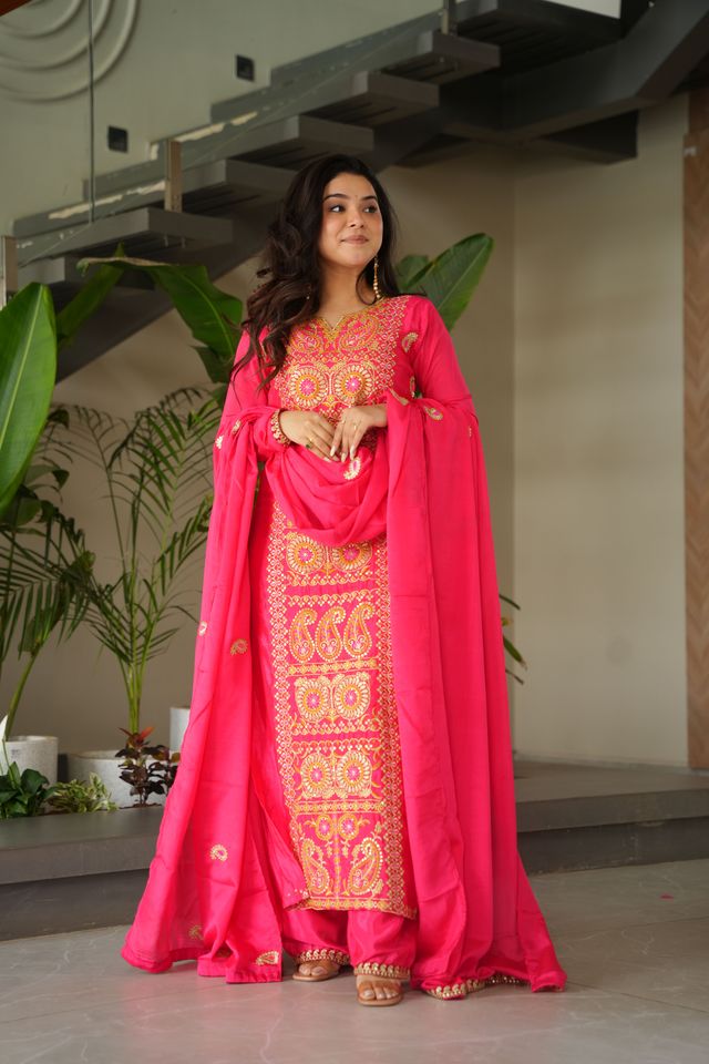 Gajri Color Chinon Fabric Designer Embroidery Work Suit for Trendy Girlie Looks