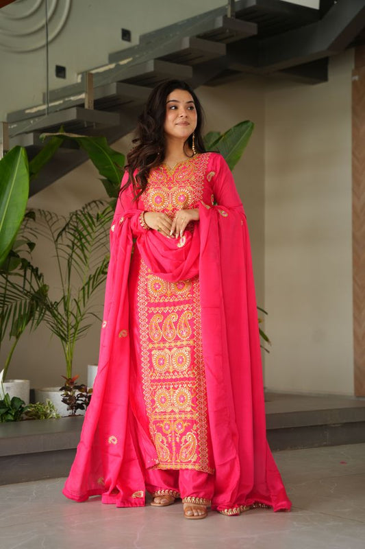 Gajri Color Chinon Fabric Designer Embroidery Work Suit for Trendy Girlie Looks