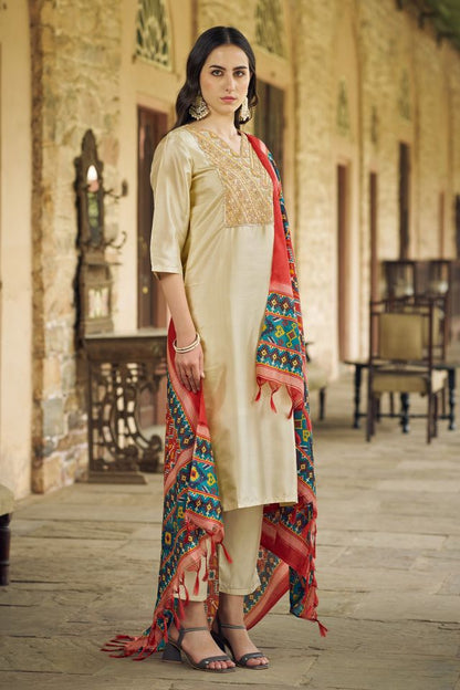 Beige Color Silk Blend Ethnic Fancy Partywear Suit With Classy Looks