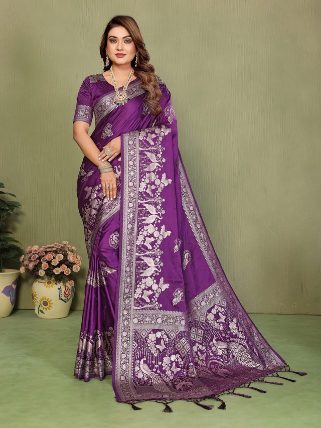 Purple Color Satin Silk Fabric Woven Jari Designer Partywear Saree