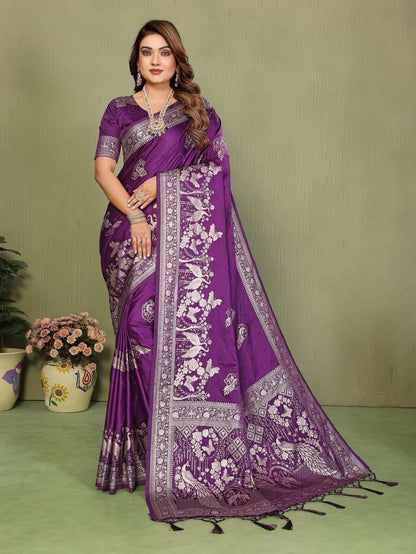Purple Color Satin Silk Fabric Woven Jari Designer Partywear Saree