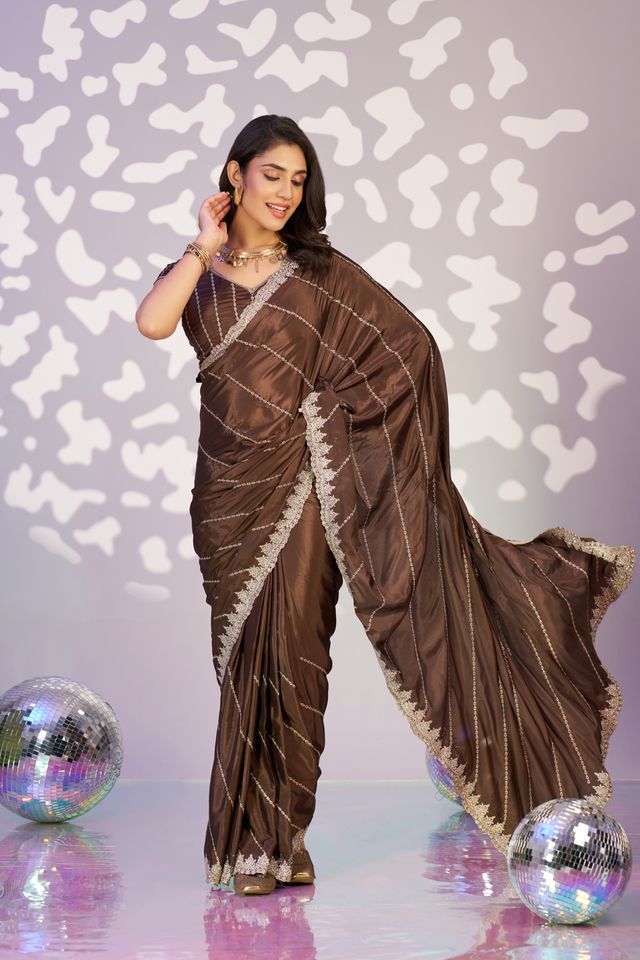 Brown Color Crepe Fabric Embroidery Work Ready To Wear Saree