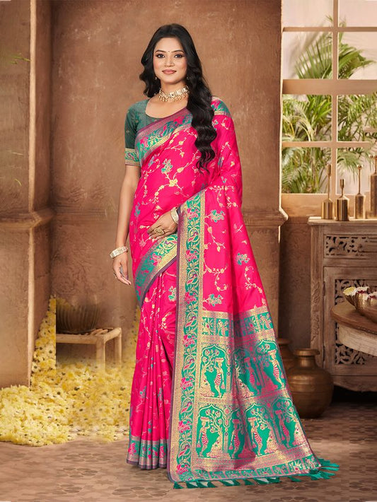 Rani Pink Color Silk Fabric Woven Designer Ethnic Partywear Saree
