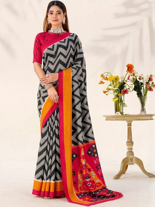Black tassar Silk Leheriya Printed Saree With Unstitched Blouse