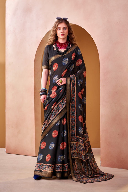 Black P.V Chanderi Printed Casual Saree With Unstitched Blouse