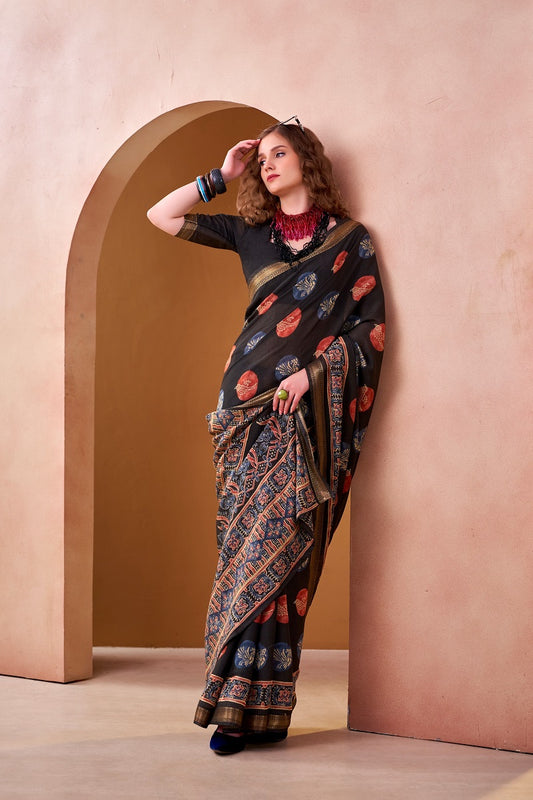 Black P.V Chanderi Printed Casual Saree With Unstitched Blouse