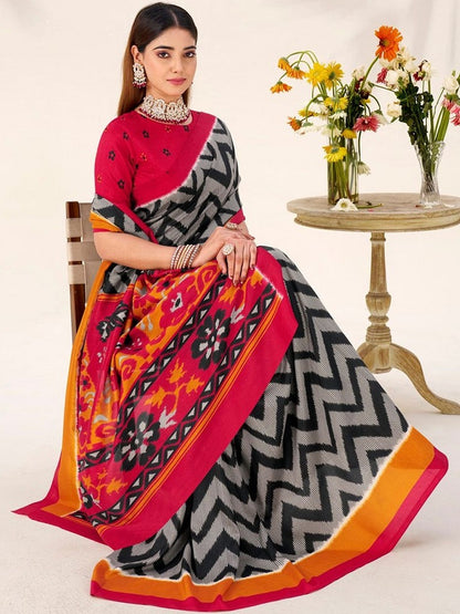 Black tassar Silk Leheriya Printed Saree With Unstitched Blouse
