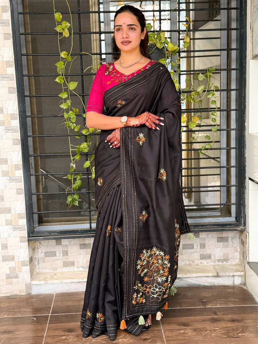 Black Kashmiri Style Thread Embroidered Work Saree With Unstitched Blouse