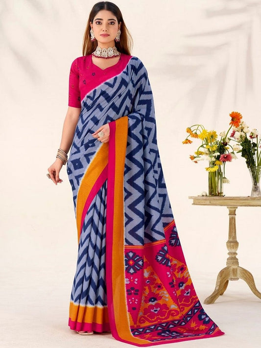 Blue tassar Silk Leheriya Printed Saree With Unstitched Blouse
