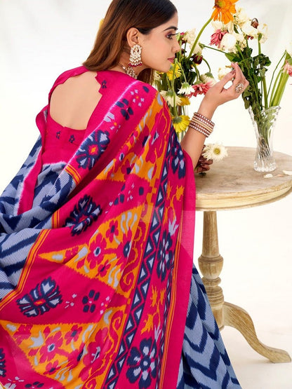 Blue tassar Silk Leheriya Printed Saree With Unstitched Blouse
