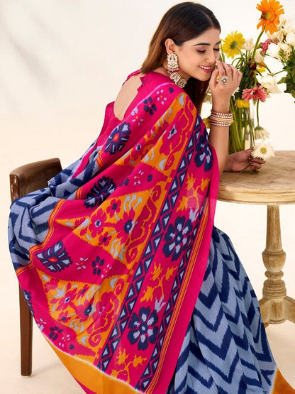 Blue tassar Silk Leheriya Printed Saree With Unstitched Blouse