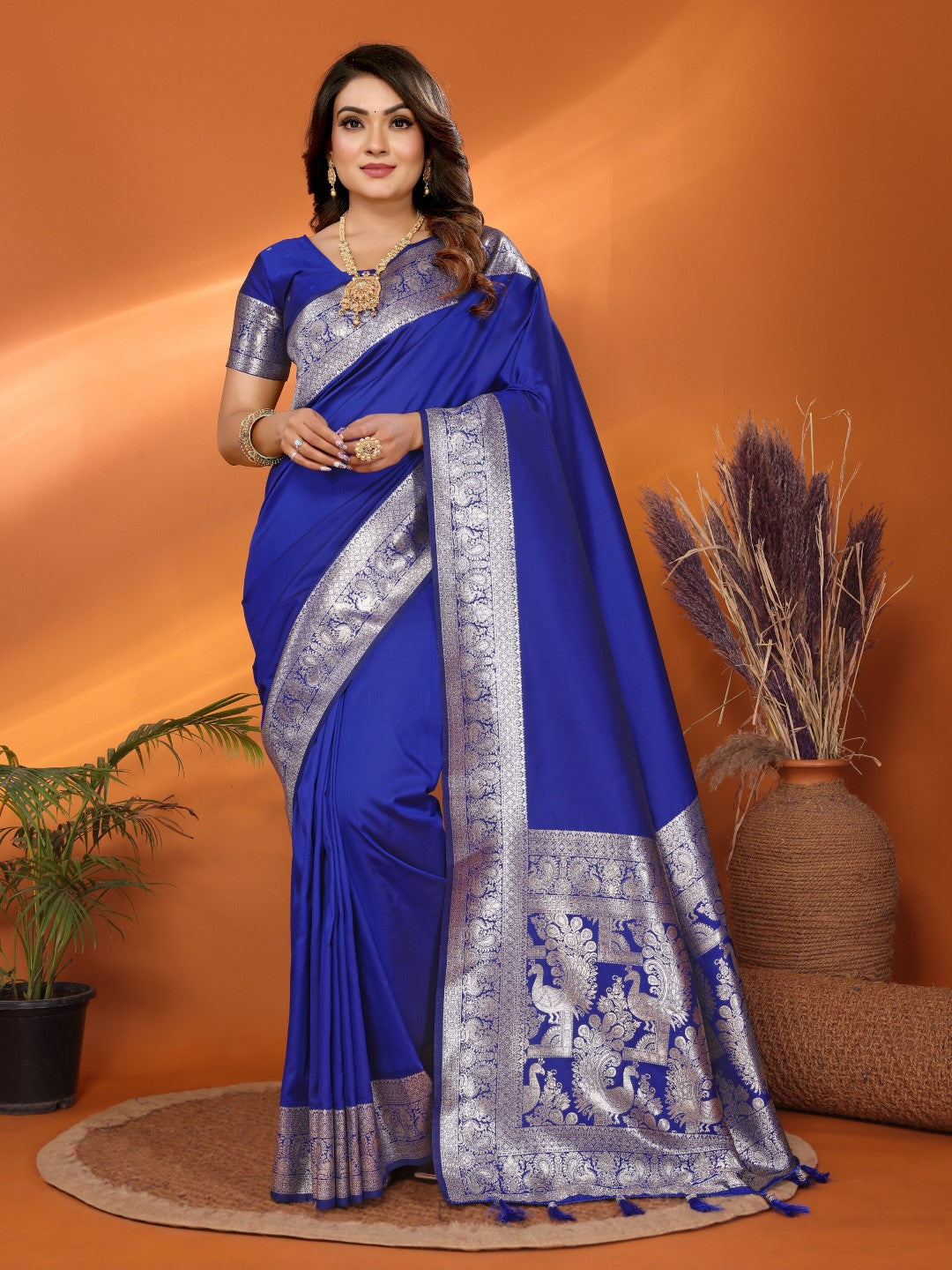 Blue Banarasi Silk Saree With Weaving Work